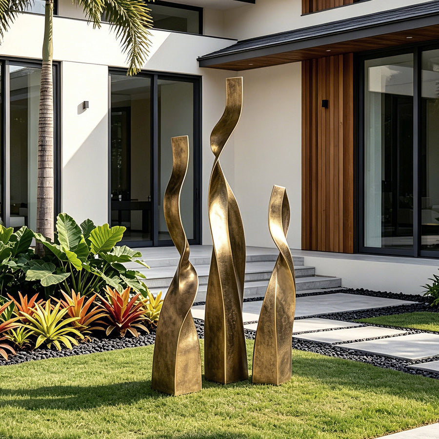 WORLD STONE 3 Piece Modern Golden Sculpture Set for Garden, Patio and Luxury Landscape Decor PSB-176