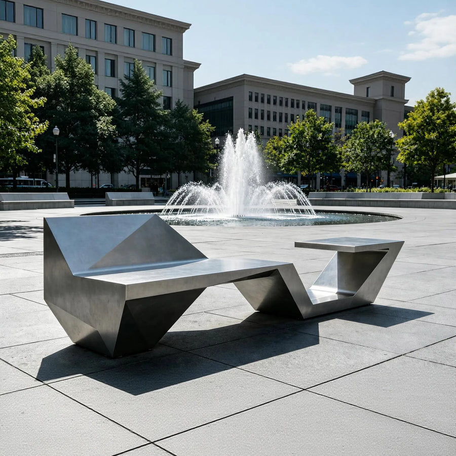 WORLD STONE Abstract Bench Sculpture in Stainless Steel with Geometric Design for City Plazas, Campuses or Waterfront Walkways PSSS-262