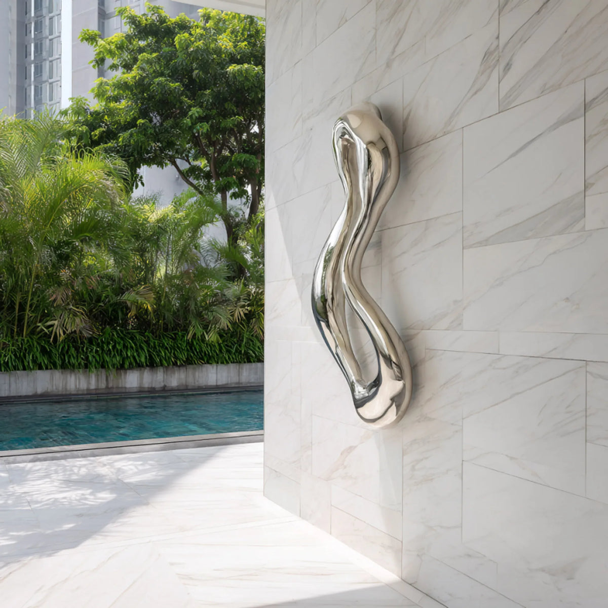 PREMIER Abstract Stainless Steel Sculpture with Flowing Water Shape Fit for Walls of Poolside, Villa, Hotel or Modern Outdoor Areas PSSS-231