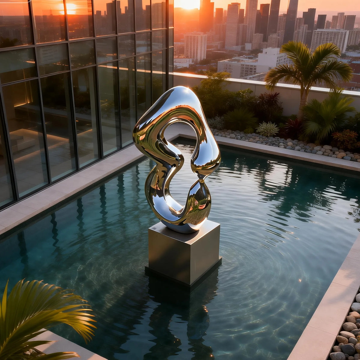 PREMIER Abstract Stainless Steel Sculpture with Fluid Curved Form for Poolside and Luxury Outdoor Spaces PSSS-205