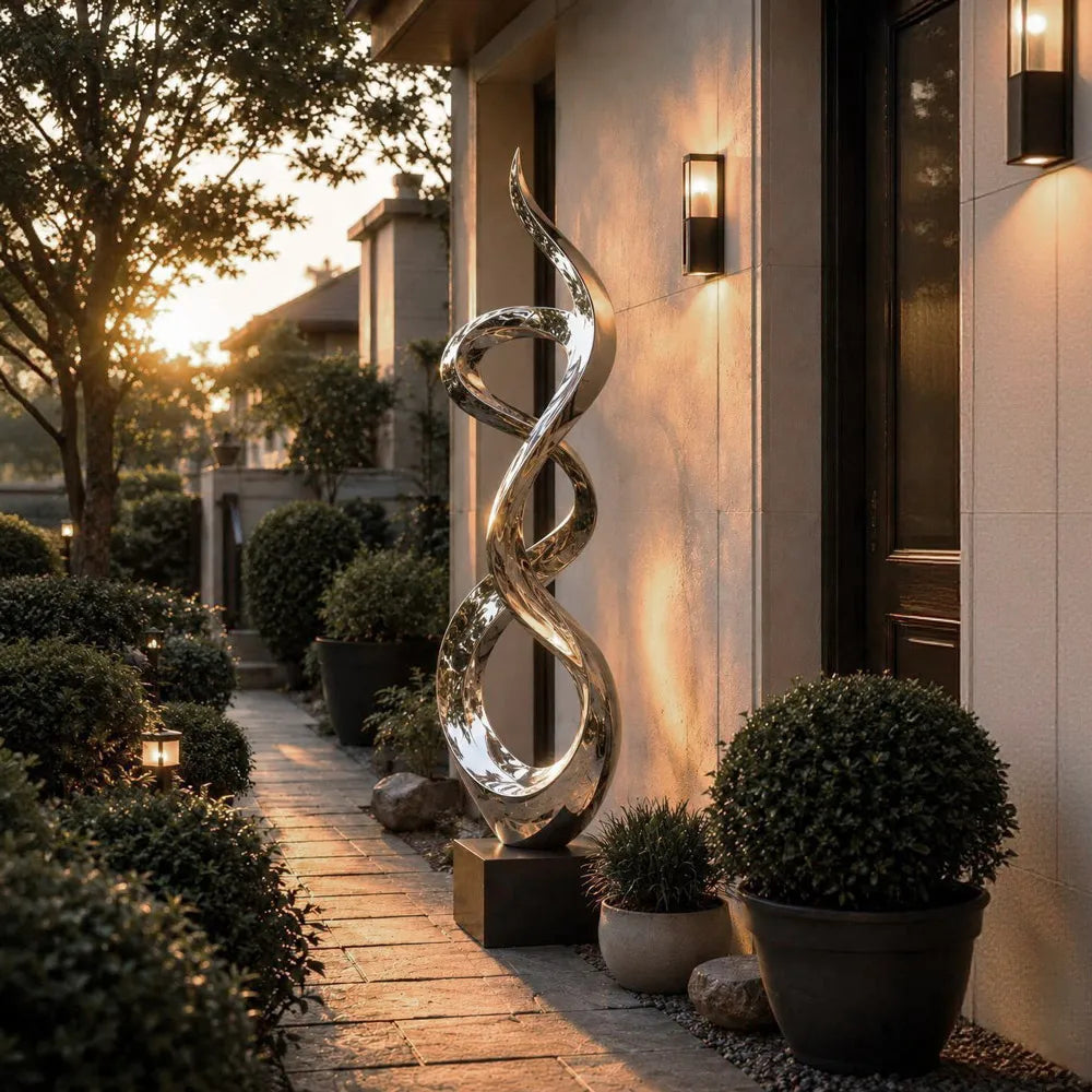 PREMIER Abstract Twisted Sculpture in Polished Stainless Steel for Gardens, Courtyards, Walkways, Entrances or Terraces PSSS-283