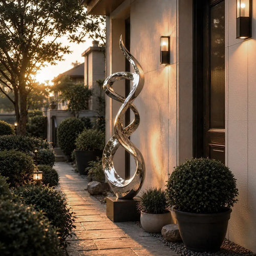PREMIER Abstract Twisted Sculpture in Polished Stainless Steel for Gardens, Courtyards, Walkways, Entrances or Terraces PSSS-283
