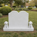 PREMIER Arched Marble Double Tombstone with Dog Designs for Cemeteries, Memorial Garden or Grave Lot PSM-208