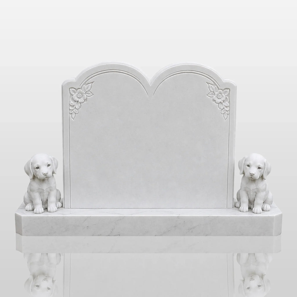 PREMIER Arched Marble Double Tombstone with Dog Designs for Cemeteries, Memorial Garden or Grave Lot PSM-208