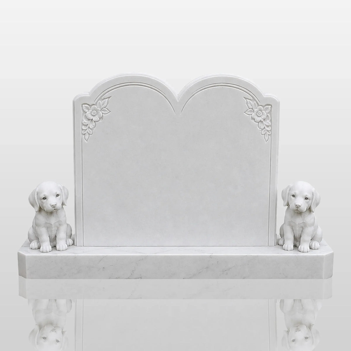 PREMIER Arched Marble Double Tombstone with Dog Designs for Cemeteries, Memorial Garden or Grave Lot PSM-208