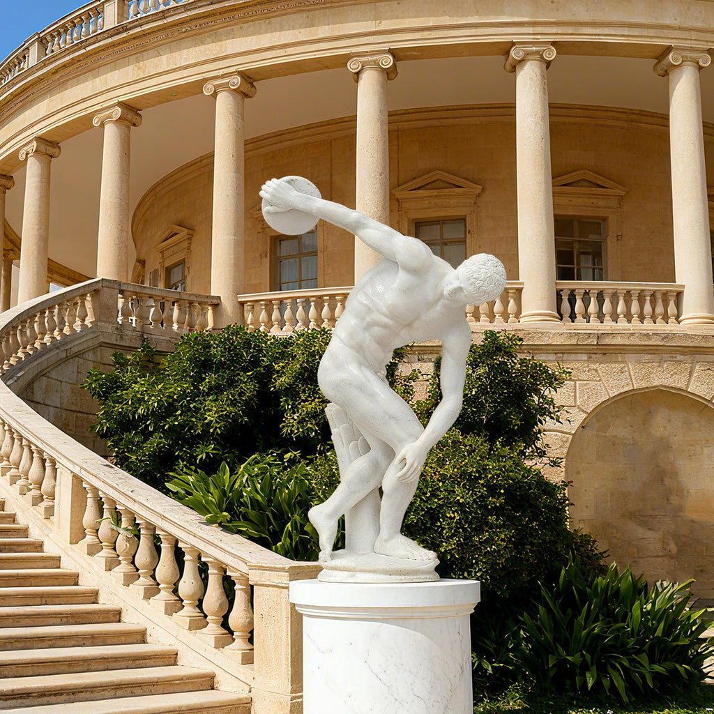 PREMIER Athletic Discobolus Marble Sculpture with Muscular and Powerful Style Ideal for Sports Parks or Open Air Museum PSM-098