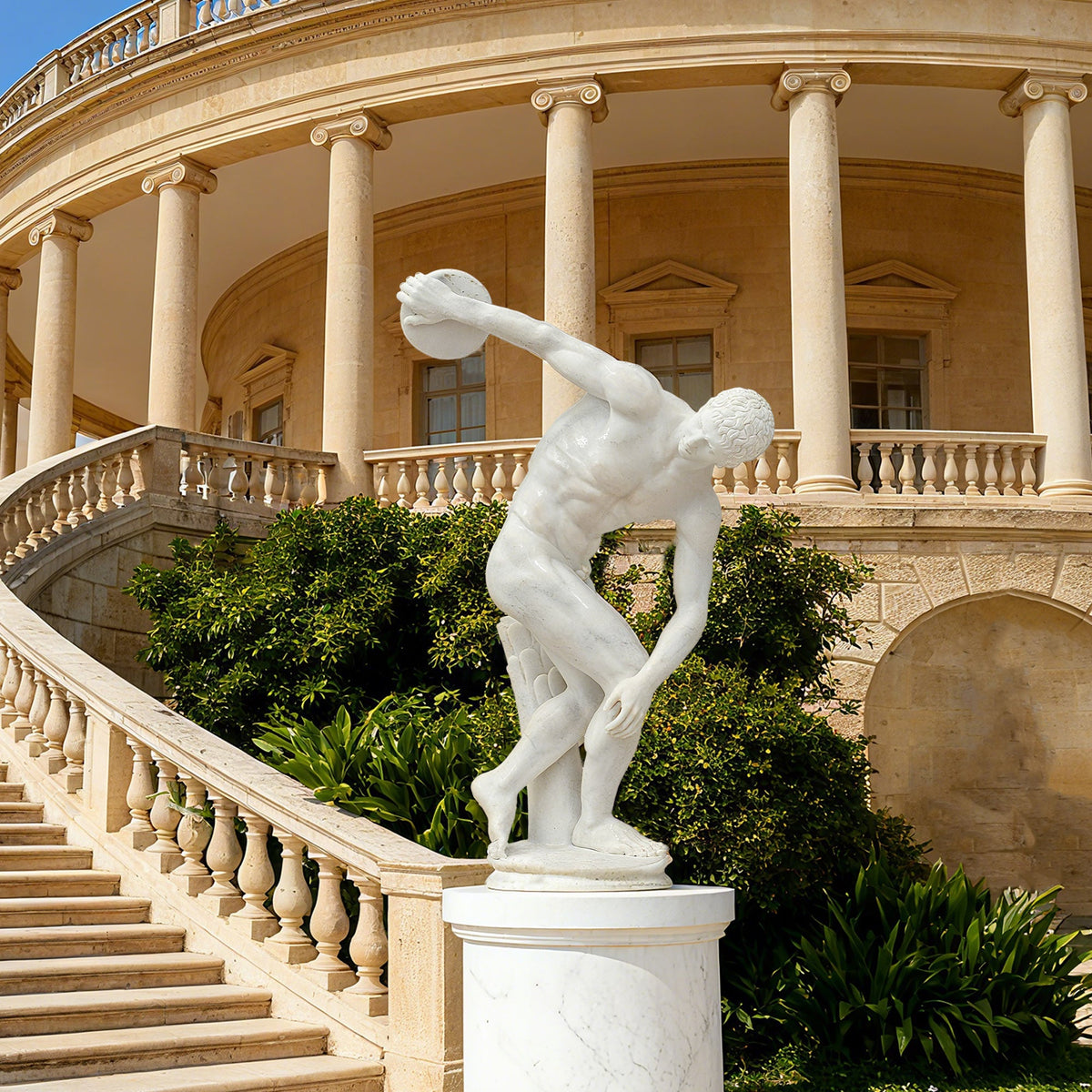 PREMIER Athletic Discobolus Marble Sculpture with Muscular and Powerful Style Ideal for Sports Parks or Open Air Museum PSM-098