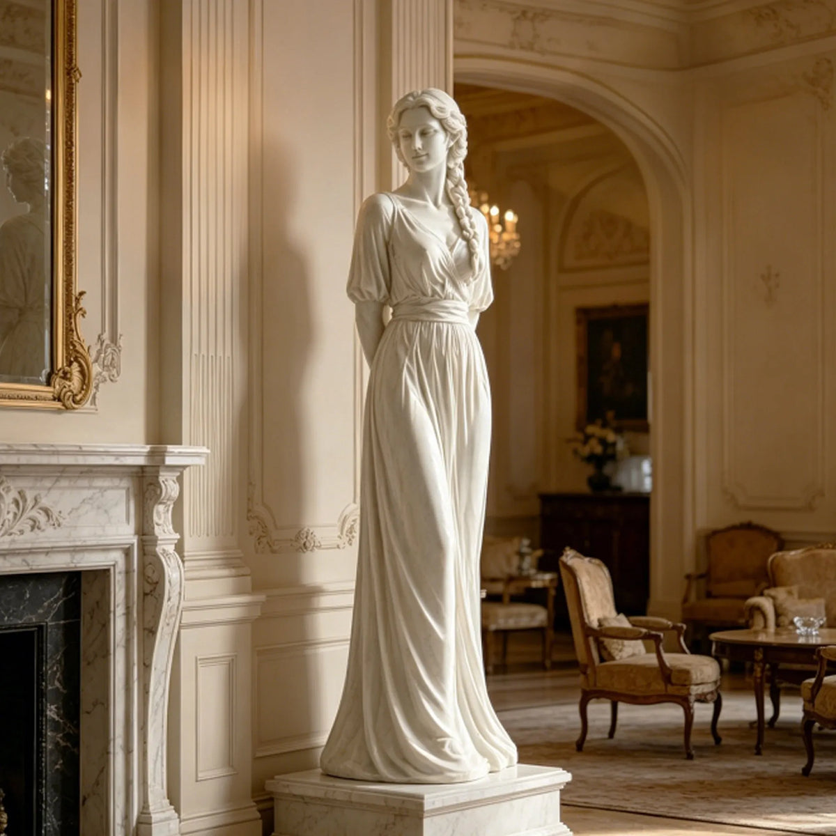PREMIER Beautiful Standing Woman Sculpture in White Marble for Living Rooms, Hallways, Entryways or Art Spaces PSM-141