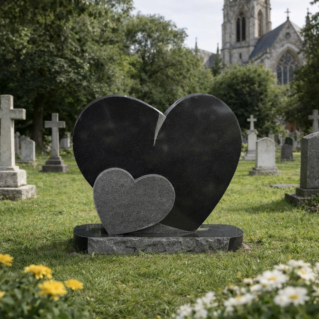 PREMIER Black Marble Sculpture with Double Hearts Tombstone Shape Best for Cemeteries, Memorial Gardens PSM-108
