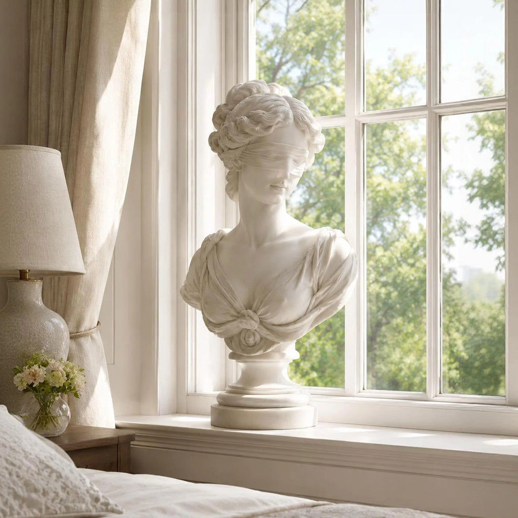 PREMIER Blindfolded Lady Marble Bust Statue for Window Sill, Bedroom Dresser or Bedside Table PSM-165