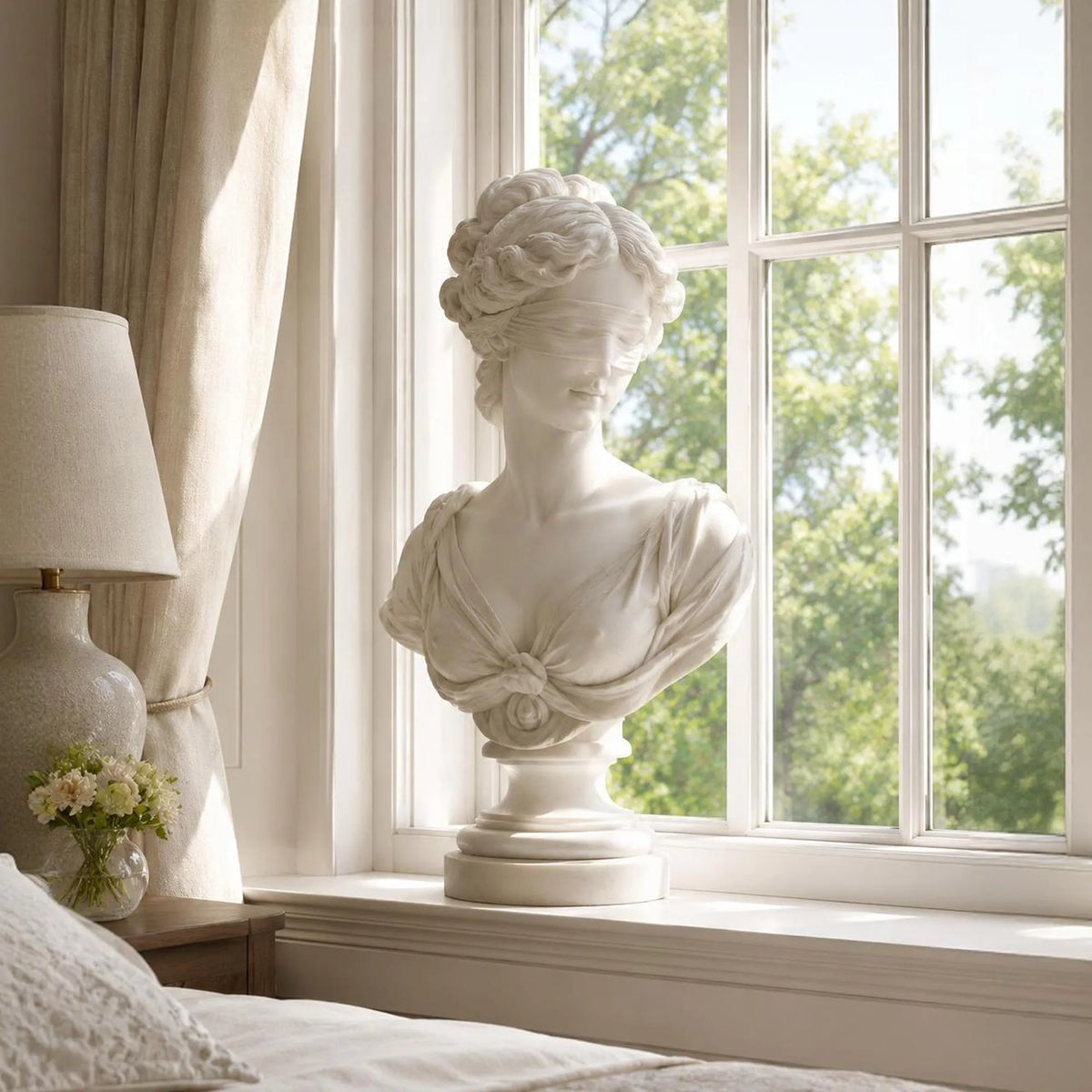 PREMIER Blindfolded Lady Marble Bust Statue for Window Sill, Bedroom Dresser or Bedside Table PSM-165