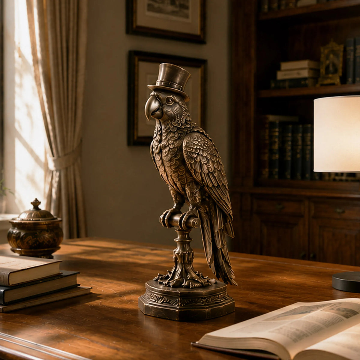 PREMIER Bronze Parrot Table Top Sculpture for Study Bookshelf or Desk and Living Side Table PSB-203