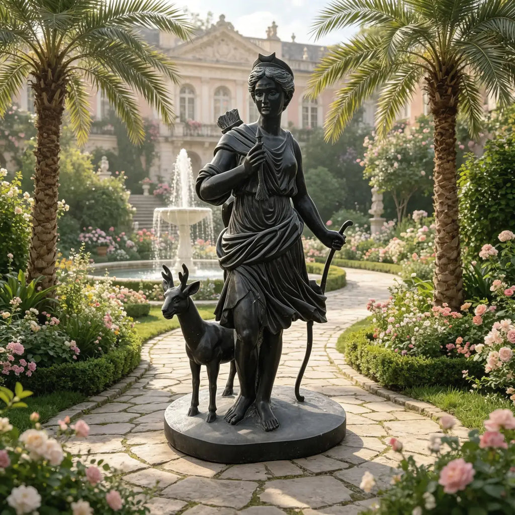 PREMIER Bronze Sculpture Diana The Huntress By a Deer for Estate Courtyards, Landscapes or Classical Outdoor Pathways PSB-181