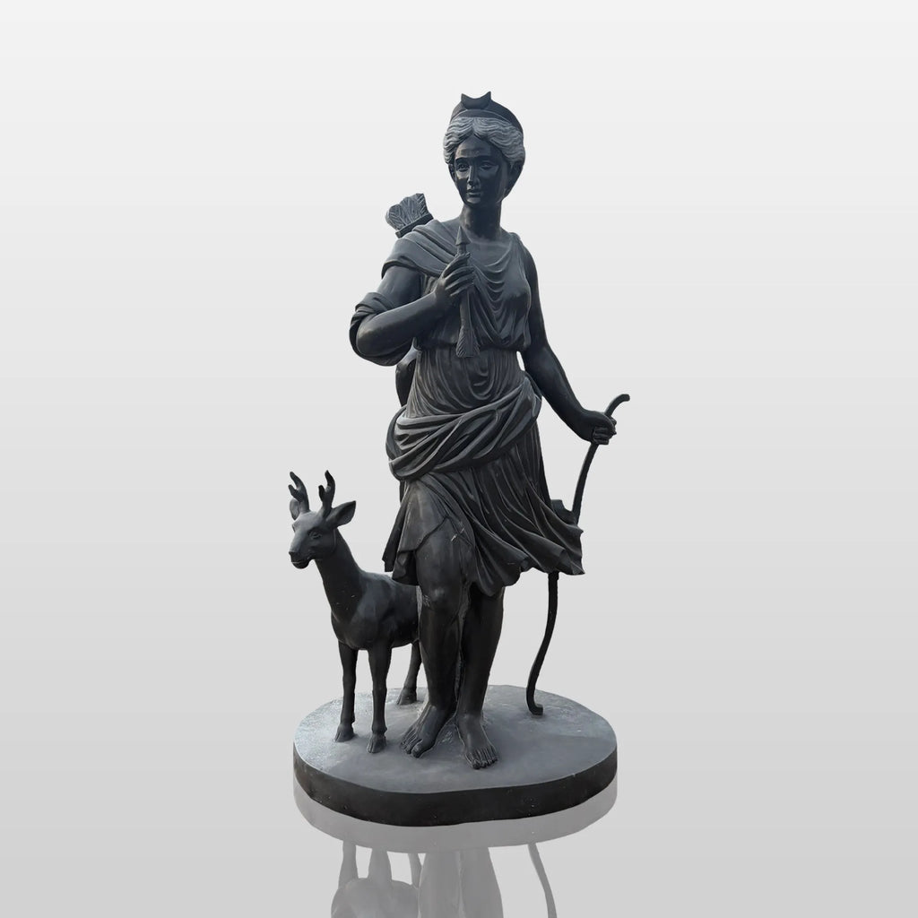 PREMIER Bronze Sculpture Diana The Huntress By a Deer for Estate Courtyards, Landscapes or Classical Outdoor Pathways PSB-181