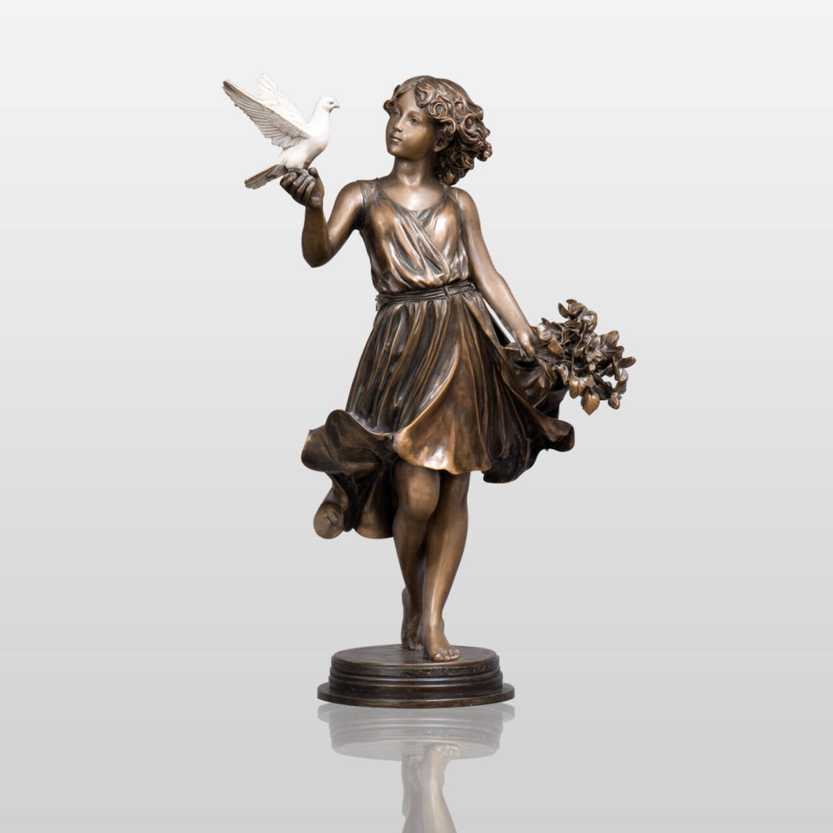 PREMIER Bronze Sculpture with Girl Holding Dove Design for Gardens, Patios, Courtyards and Residential Landscapes PSB-187