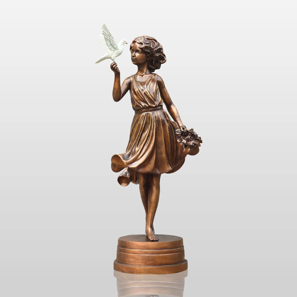 PREMIER Bronze Sculpture with Girl Holding Dove Design for Gardens, Patios, Courtyards and Residential Landscapes PSB-187