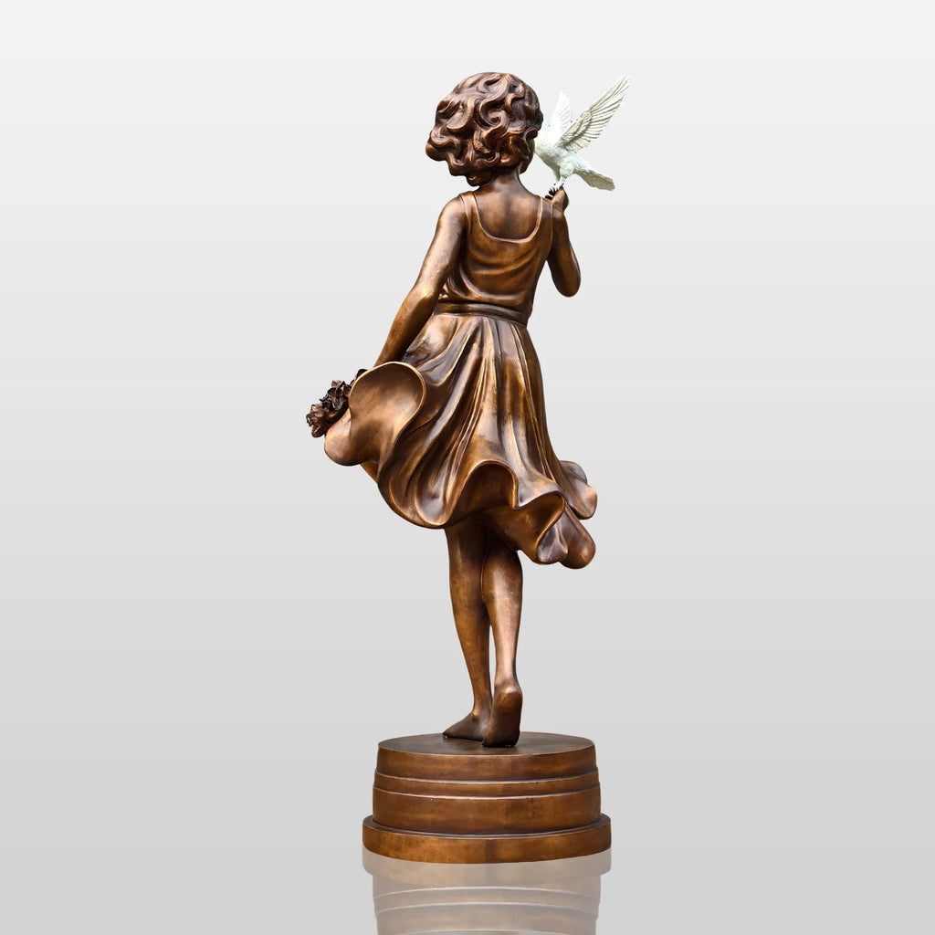 PREMIER Bronze Sculpture with Girl Holding Dove Design for Gardens, Patios, Courtyards and Residential Landscapes PSB-187
