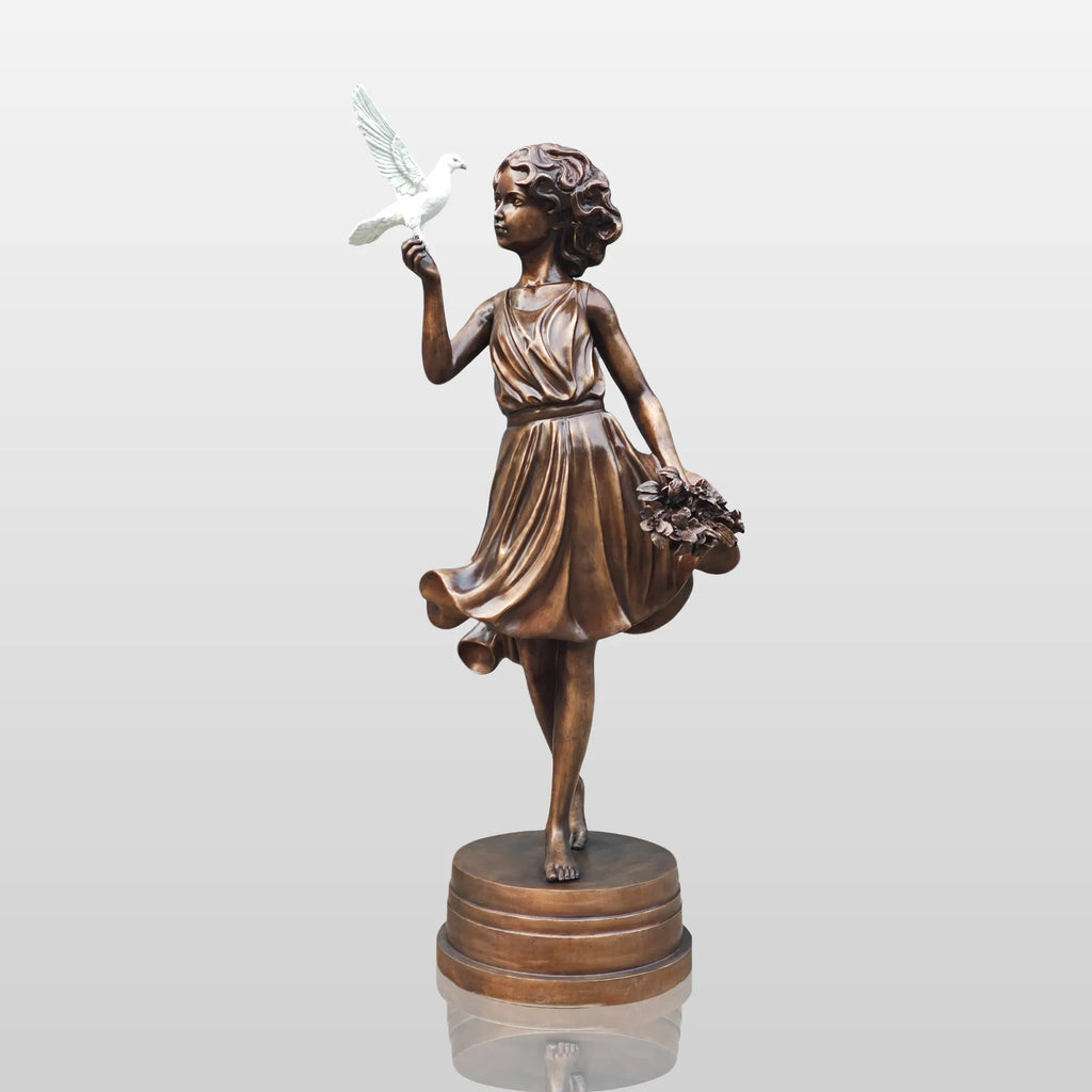 PREMIER Bronze Sculpture with Girl Holding Dove Design for Gardens, Patios, Courtyards and Residential Landscapes PSB-187
