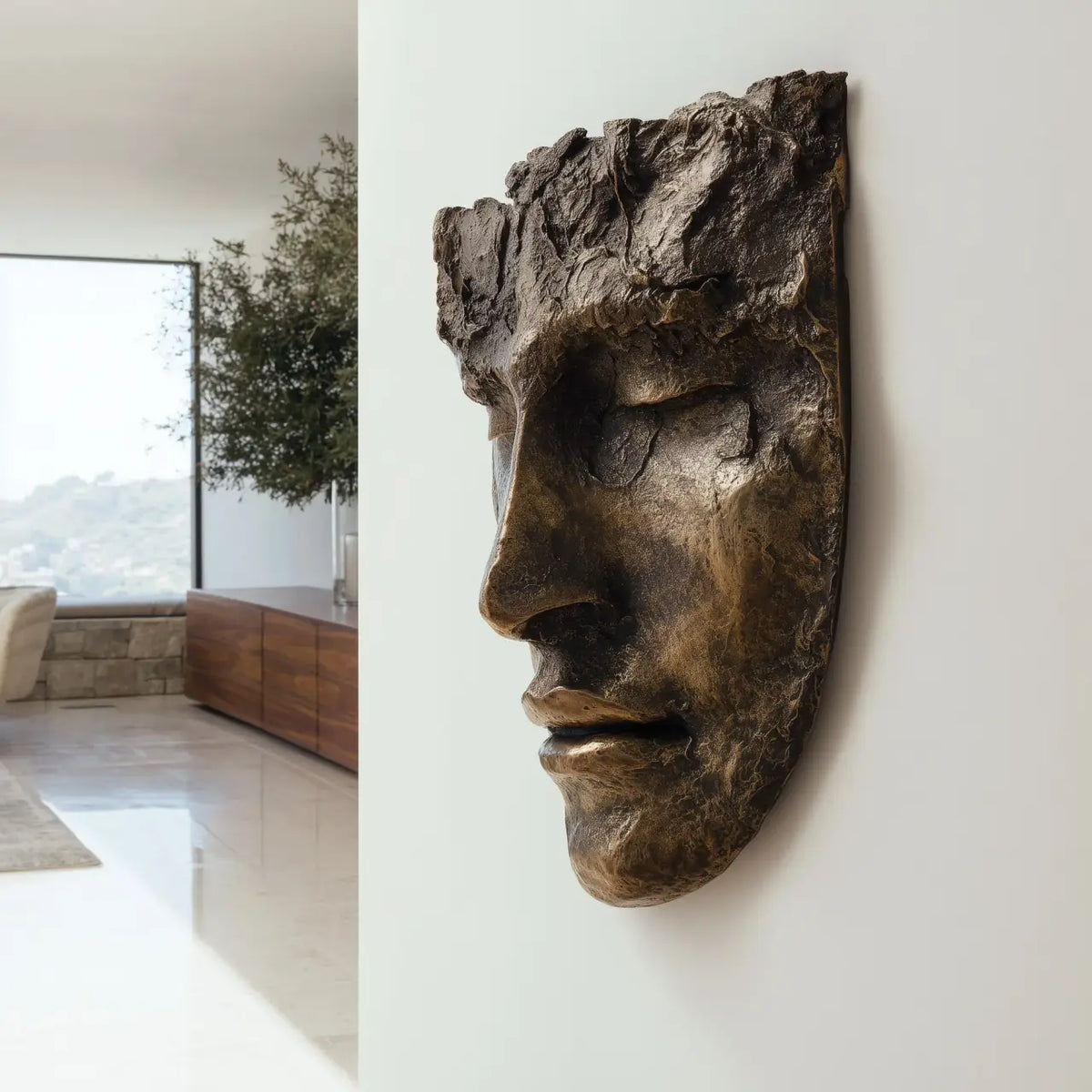 PREMIER Bronze Wall Mask Sculpture with Human Face Design for Hallways, Entryways, Hotel Lobbies or Modern Interiors PSB-188
