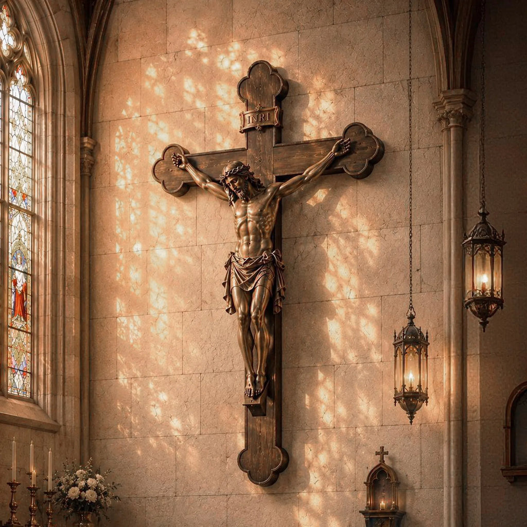 PREMIER Bronze Wall Sculpture with Crucifix Jesus Cross Design for Church, Chapel Altar or Home Prayer PSB-205