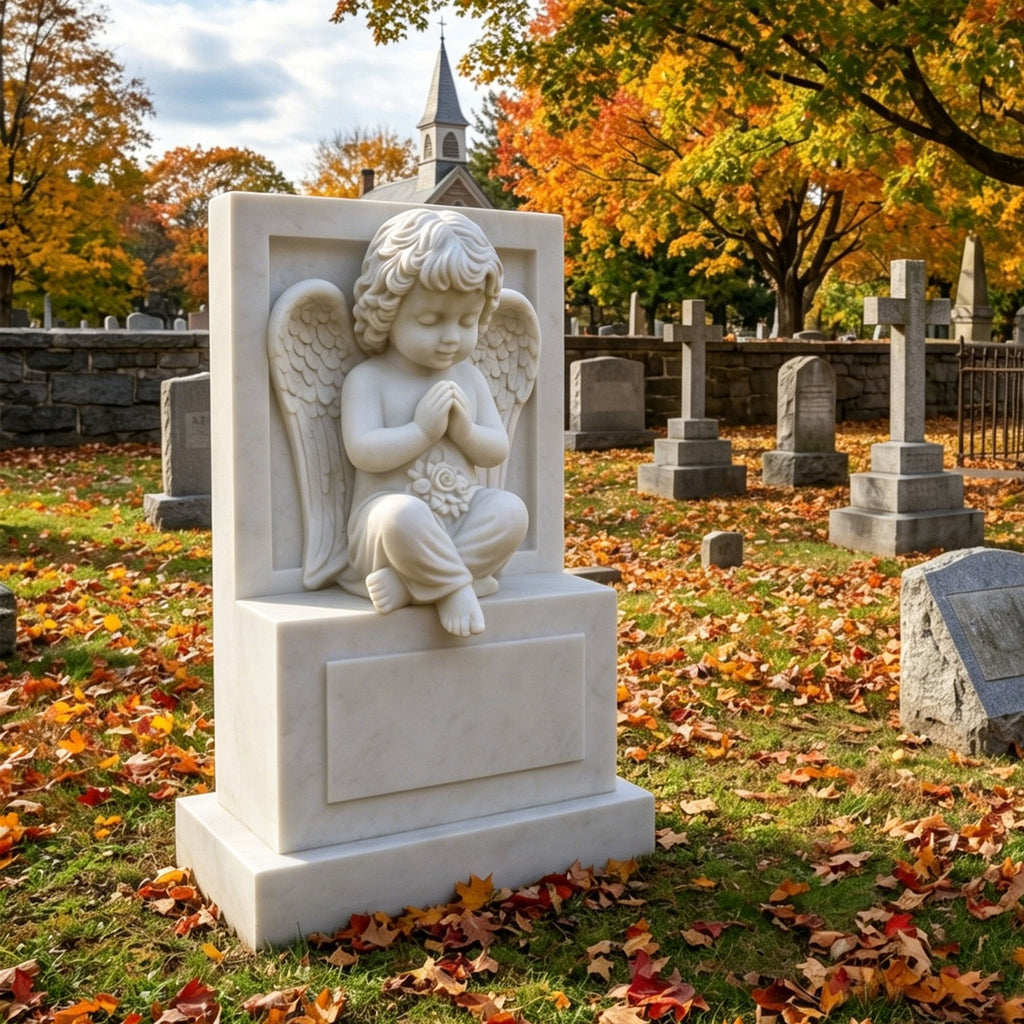 PREMIER Cherub Tombstone in White Marble for Cemeteries, Memorial Gardens, Family Graves or Churches PSM-131