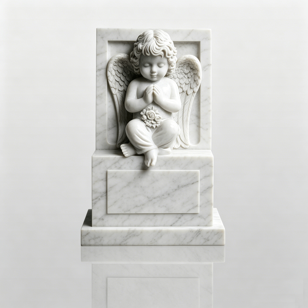 PREMIER Cherub Tombstone in White Marble for Cemeteries, Memorial Gardens, Family Graves or Churches PSM-131