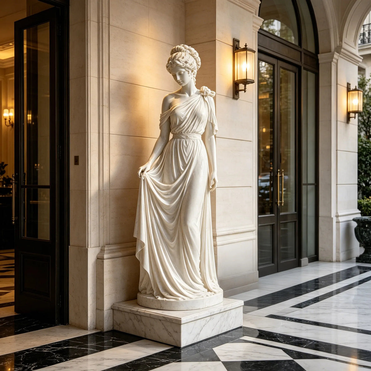 PREMIER Classic Draped Female Sculpture in White Marble for Entrances, Courtyards and Resort Landscapes PSM-140