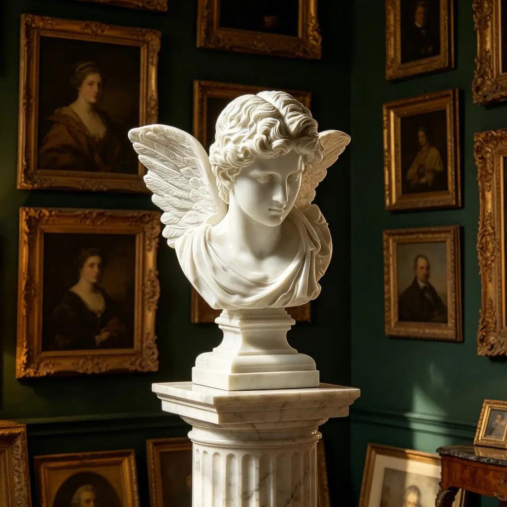 PREMIER Classic Male Angel Bust Statue in White Marble for Entry Consoles, Living Shelves, Galleries or Bedroom Vanities PSM-152