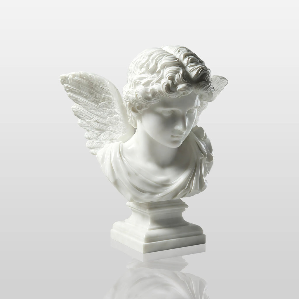 PREMIER Classic Male Angel Bust Statue in White Marble for Entry Consoles, Living Shelves, Galleries or Bedroom Vanities PSM-152