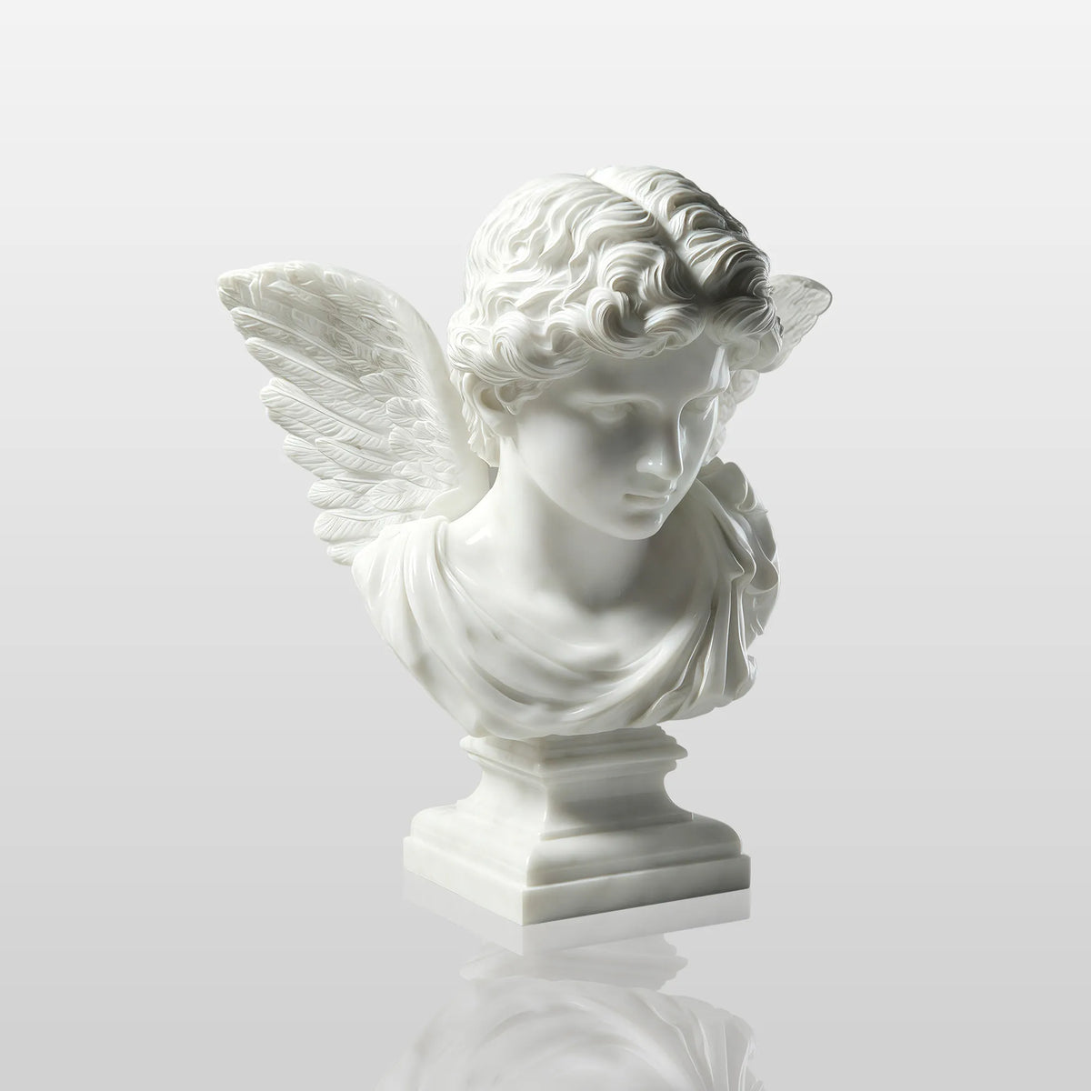 PREMIER Classic Male Angel Bust Statue in White Marble for Entry Consoles, Living Shelves, Galleries or Bedroom Vanities PSM-152