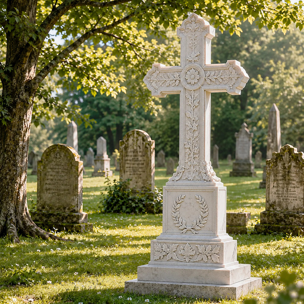 PREMIER Classic Marble Cross Tombstone for Funeral Park, Memorial Garden, Cemetery or Lawn Monument Lot PSM-157