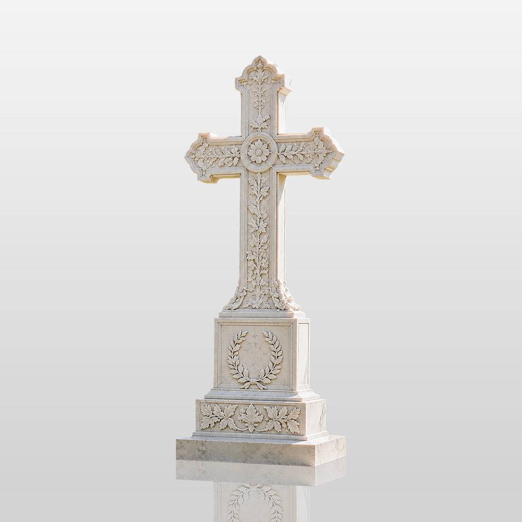 PREMIER Classic Marble Cross Tombstone for Funeral Park, Memorial Garden, Cemetery or Lawn Monument Lot PSM-157