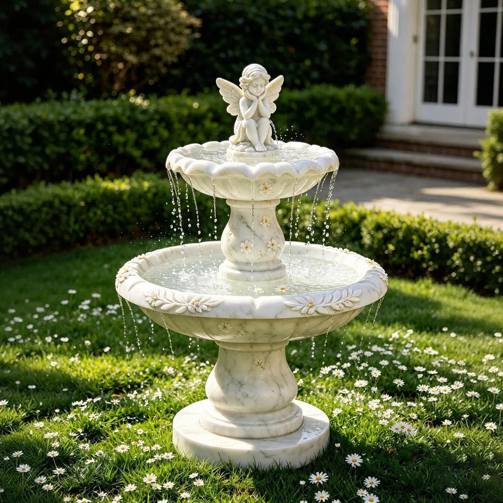 PREMIER Classic Marble Fountain with Cute Angel Design for Backyard Lawns, Gardens, Courtyards or Relaxation Areas PSFM-013