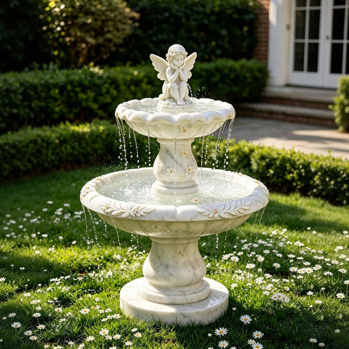 PREMIER Classic Marble Fountain with Cute Angel Design for Backyard Lawns, Gardens, Courtyards or Relaxation Areas PSFM-013