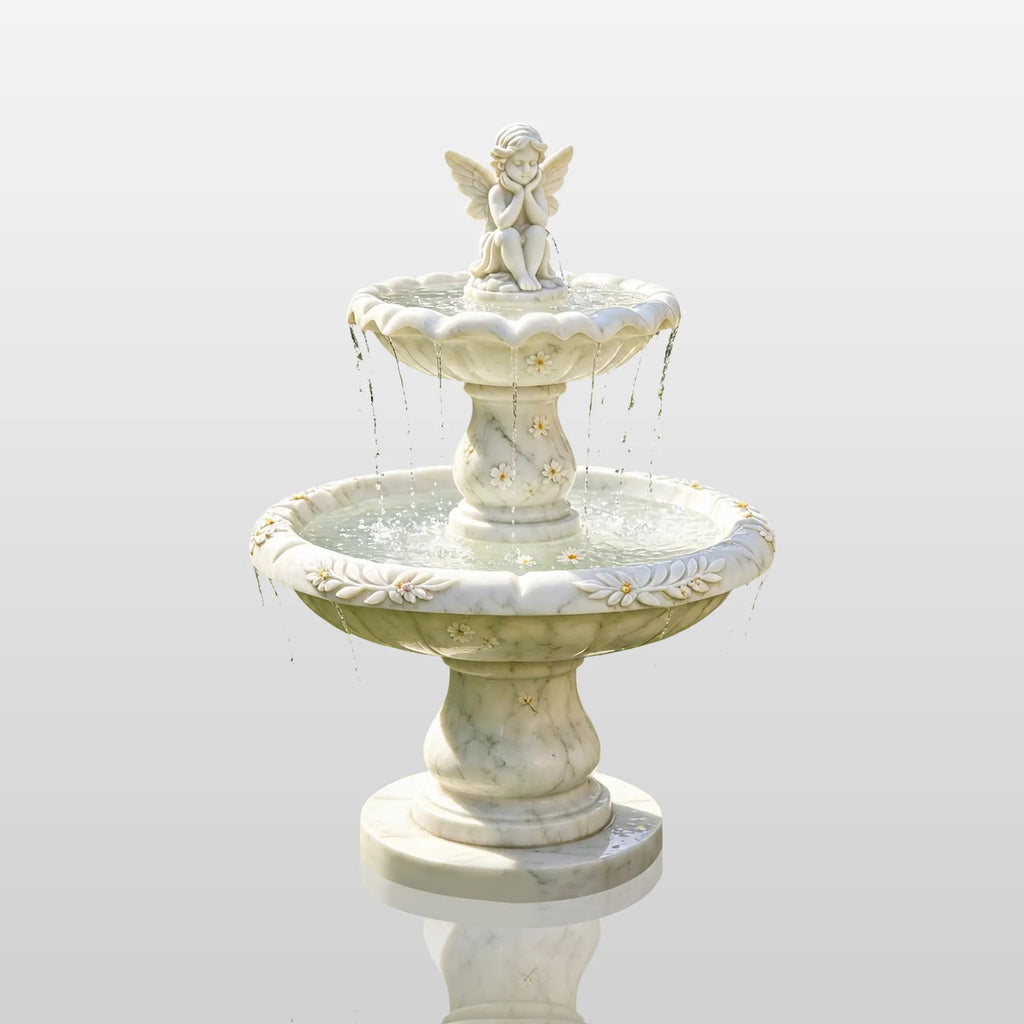 PREMIER Classic Marble Fountain with Cute Angel Design for Backyard Lawns, Gardens, Courtyards or Relaxation Areas PSFM-013
