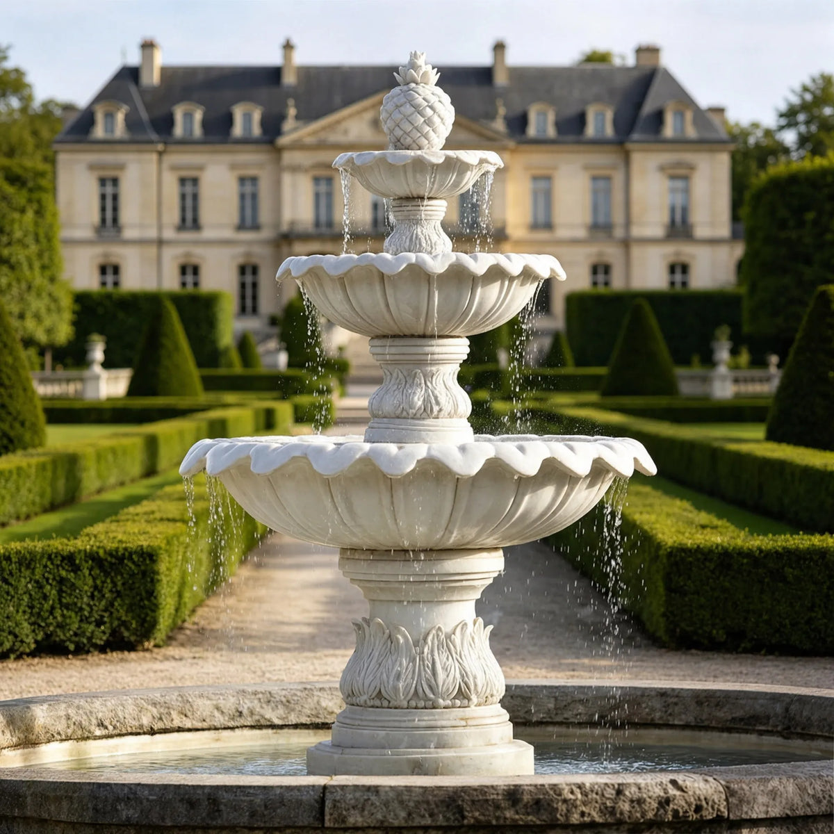 PREMIER Classic Marble Fountain with Three Scalloped Tiers Design for Gardens, Hotels, Parks or Courtyards PSFM-011