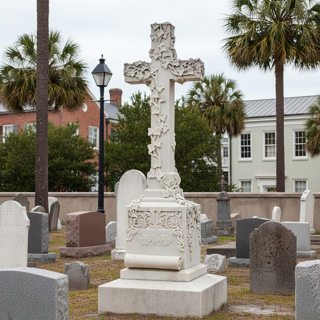 PREMIER Classic Marble Tombstone Sculpture with Cross Design for Cemeteries, Church Gardens or Memorial Areas PSM-118