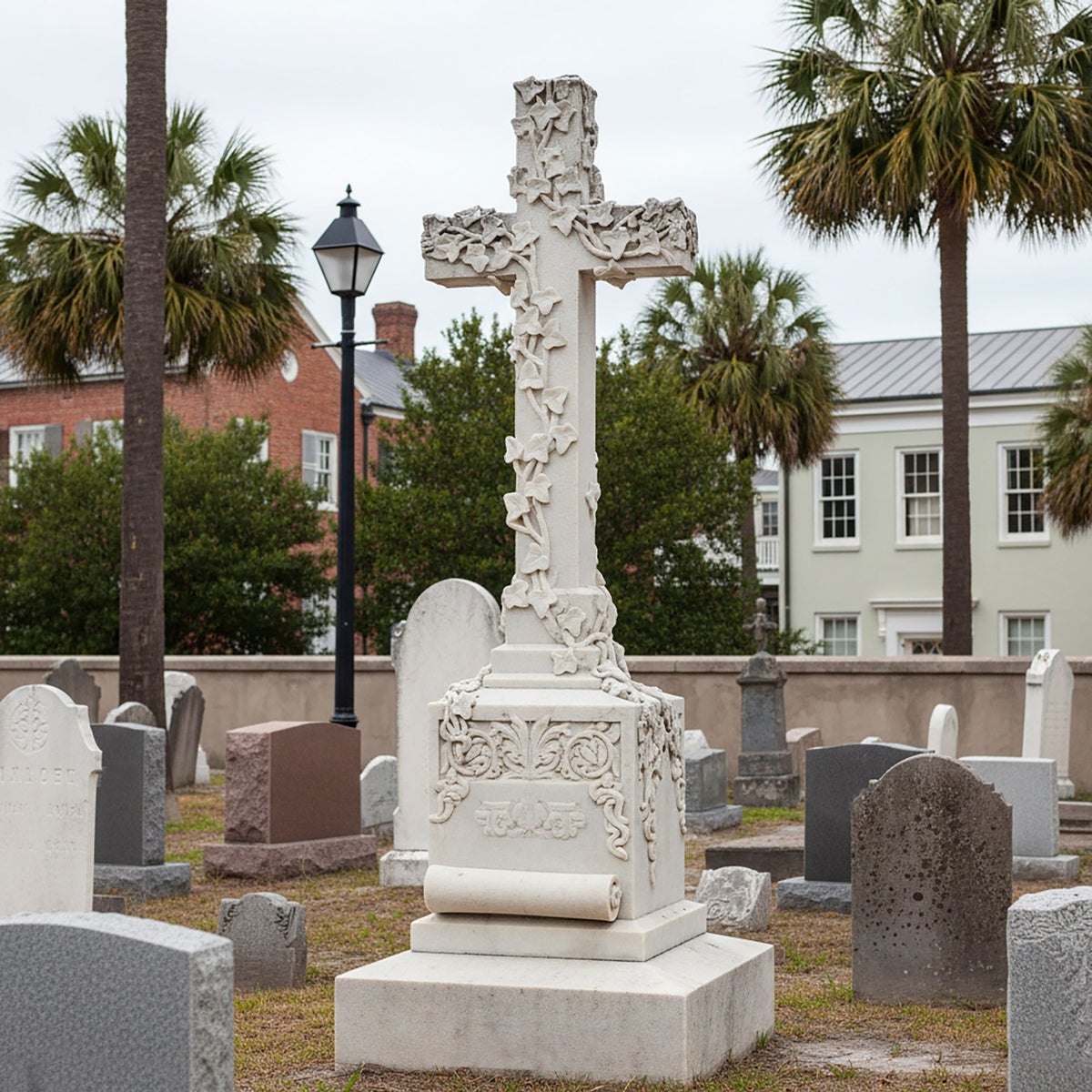 PREMIER Classic Marble Tombstone Sculpture with Cross Design for Cemeteries, Church Gardens or Memorial Areas PSM-118