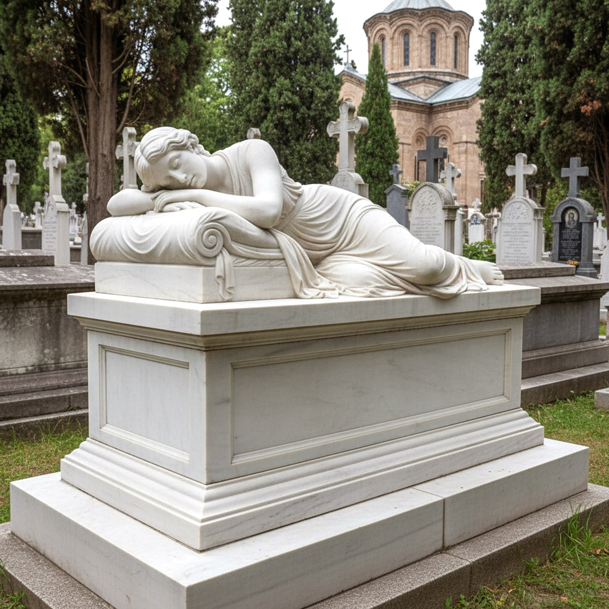PREMIER Classic Marble Tombstone with Base with Reclining Figure Design for Cemeteries or Memorial Parks PSM-117