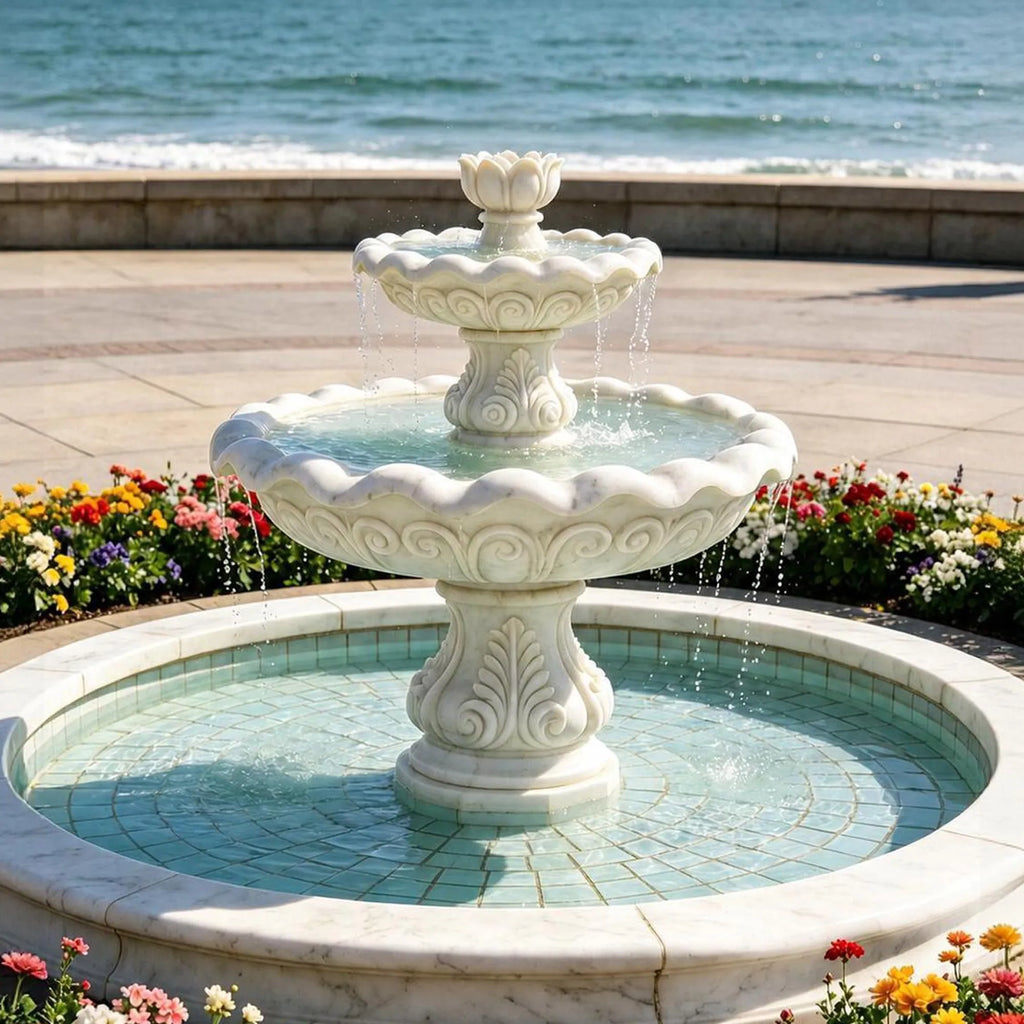 PREMIER Classical Fountain in White Marble for Seaside Plazas, Waterfront Landscapes and Public Squares PSFM-016
