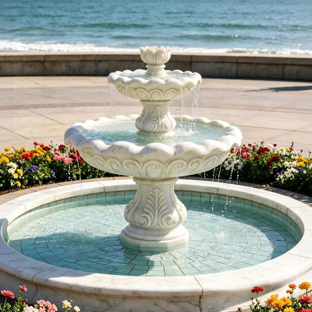 PREMIER Classical Fountain in White Marble for Seaside Plazas, Waterfront Landscapes and Public Squares PSFM-016