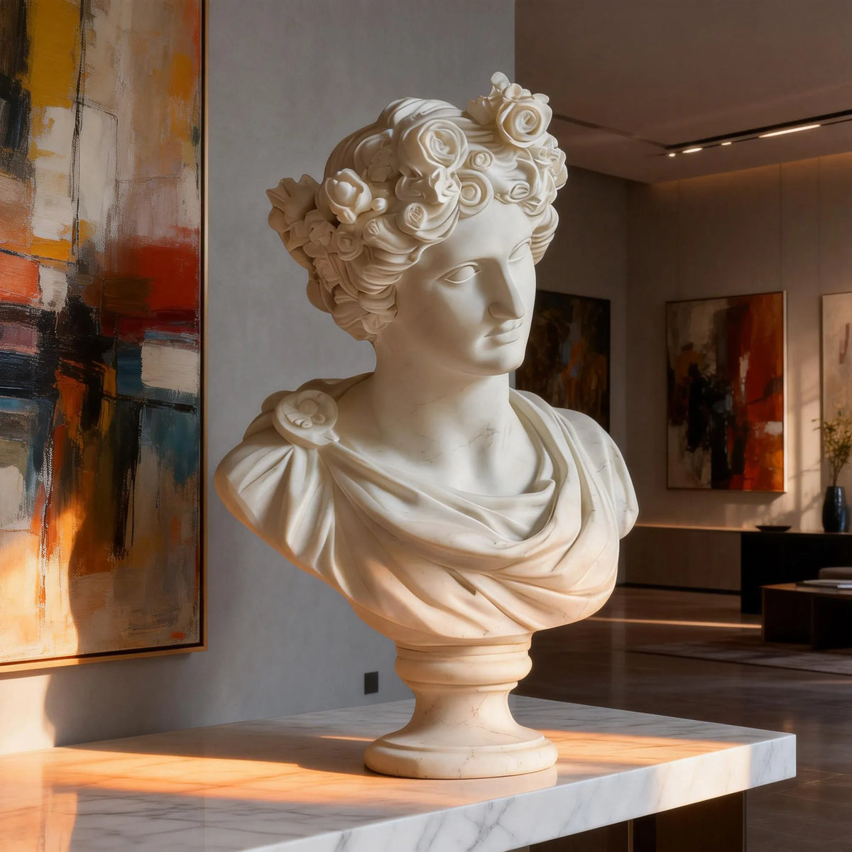 PREMIER Classical Marble Male Bust with Floral Crown for Living Rooms and Office Displays PSM-095