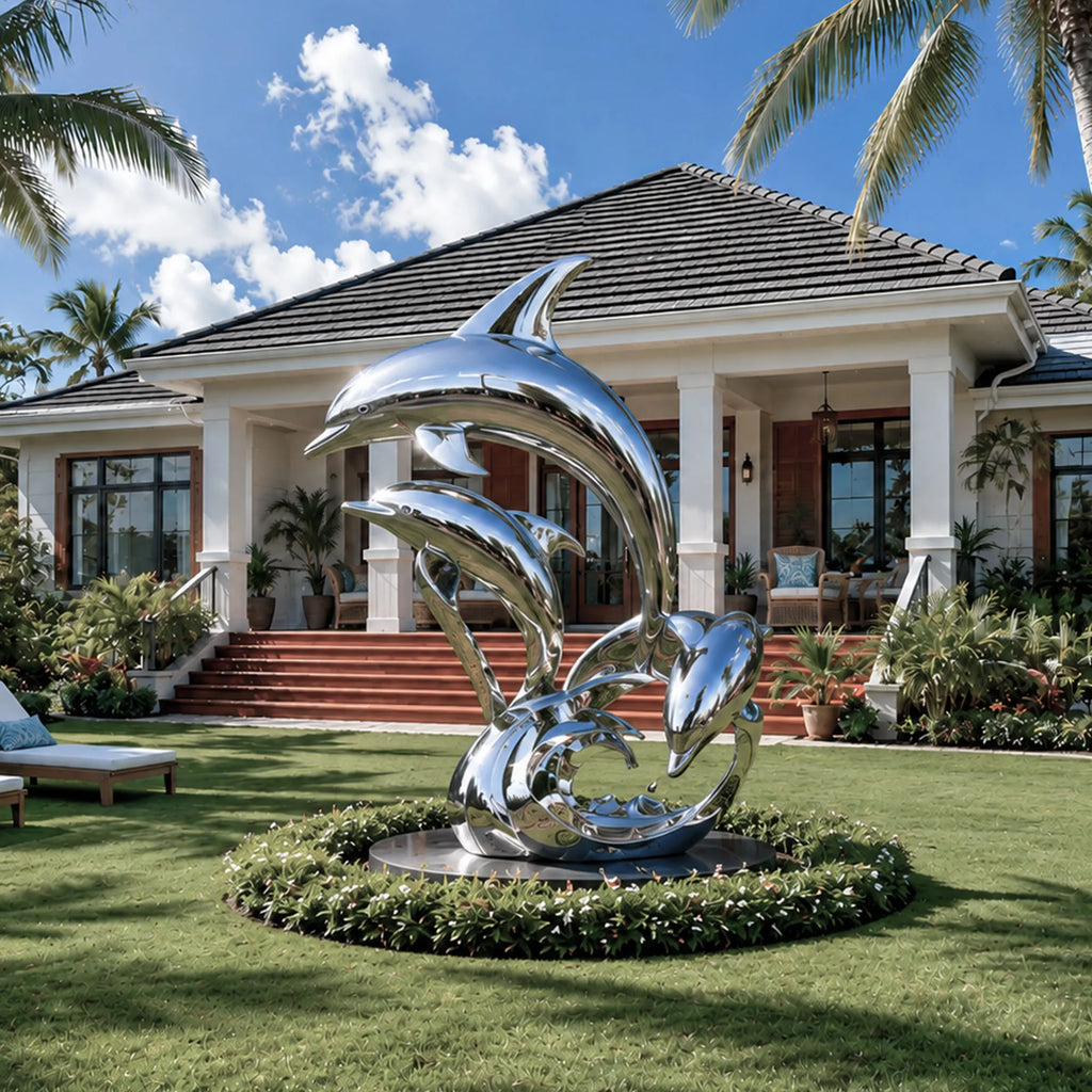 PREMIER Coastal Dolphin Sculpture in Polished Stainless Steel for Villa Gardens or Beachfront Homes PSSS-279