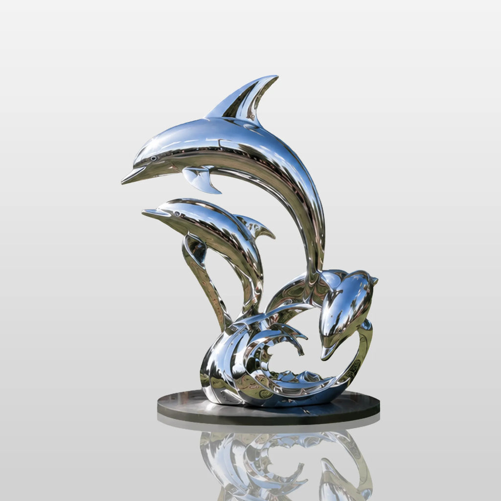 PREMIER Coastal Dolphin Sculpture in Polished Stainless Steel for Villa Gardens or Beachfront Homes PSSS-279