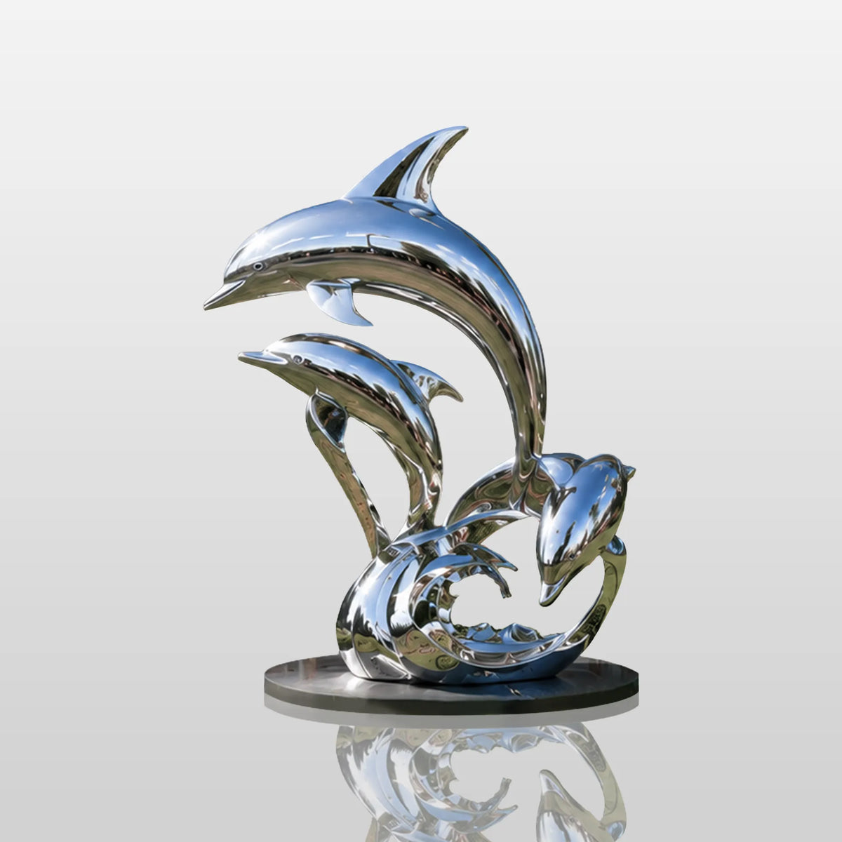 PREMIER Coastal Dolphin Sculpture in Polished Stainless Steel for Villa Gardens or Beachfront Homes PSSS-279