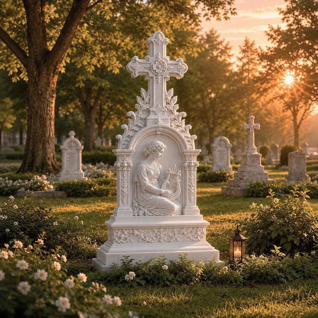 PREMIER Cross Lady Marble Tombstone for Cemetery, Family Burial Plot or Country Church Yard PSM-160