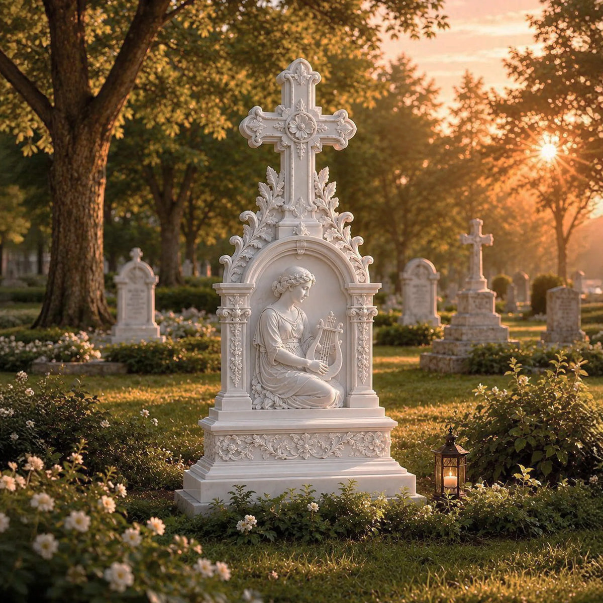 PREMIER Cross Lady Marble Tombstone for Cemetery, Family Burial Plot or Country Church Yard PSM-160