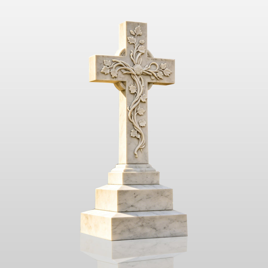 PREMIER Cross Marble Tombstone Sculpture with Classic Design for Cemetery Grounds or Memorial Areas PSM-120