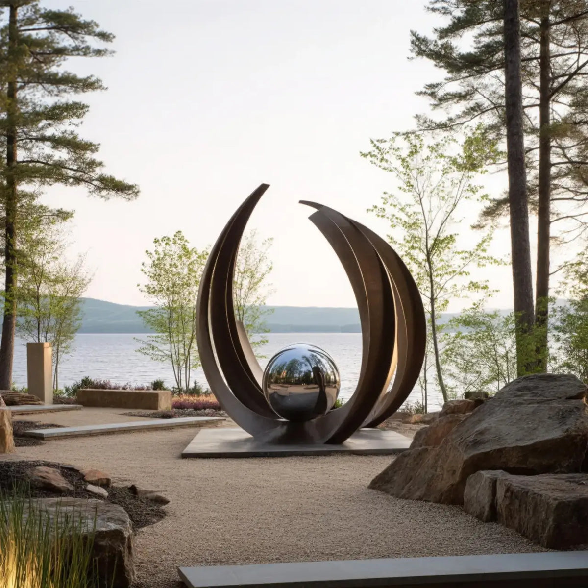 PREMIER Curved Bronze Sculpture with Stainless Steel Ball for Lakeside Yards, Gardens, Patios or Park Waterfronts PSB-193