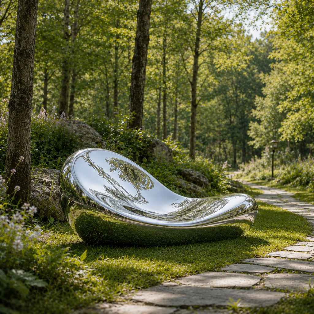 PREMIER Curved Pod Bench Sculpture in Stainless Steel for Botanical Garden, Residential Yard or Forest Park PSSS-296